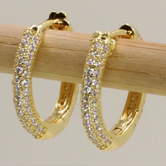 Gold Plated 925 Sterling Silver Sparkling CZ Huggies / Hoop Earrings - Picture 7 of 13